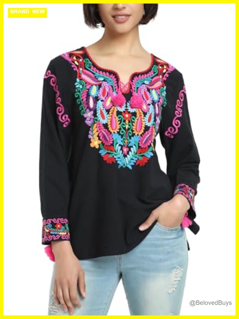 Mexican Embroidered Long Sleeve V Neck Boho Tunic Blouse
